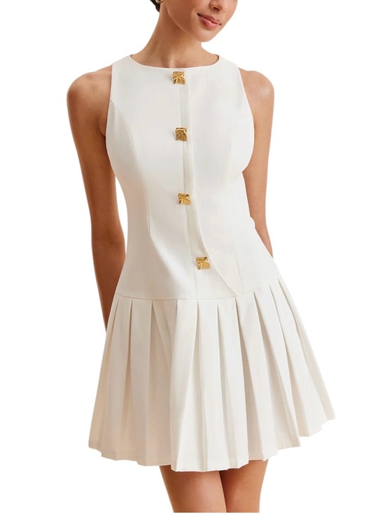 Commense Dresses & Skirts - Commense White Pleated Mini Dress Medium NWT Gold Button Sleeveless